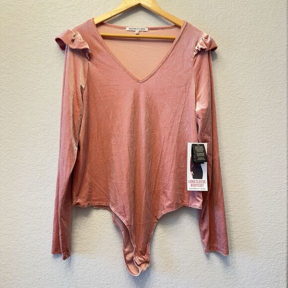 NWT Celebrity Pink Pink Crushed Velvet Long Sleeve Bodysuit Plus Size XXL - Picture 2 of 13